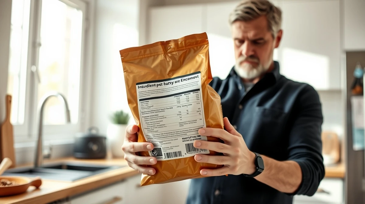Concerned pet owner holding a bag of dry pet food in a kitchen, checking for recall information