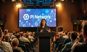 Pi Network co-founder Chengdiao Fan speaking at a Miami conference stage with blockchain graphics on screen