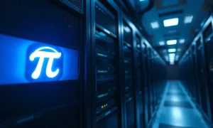 Server rack with glowing Pi Network symbol in a data center