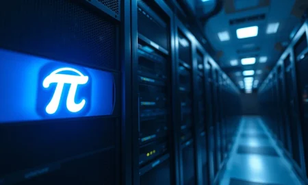 Server rack with glowing Pi Network symbol in a data center