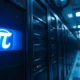 Server rack with glowing Pi Network symbol in a data center