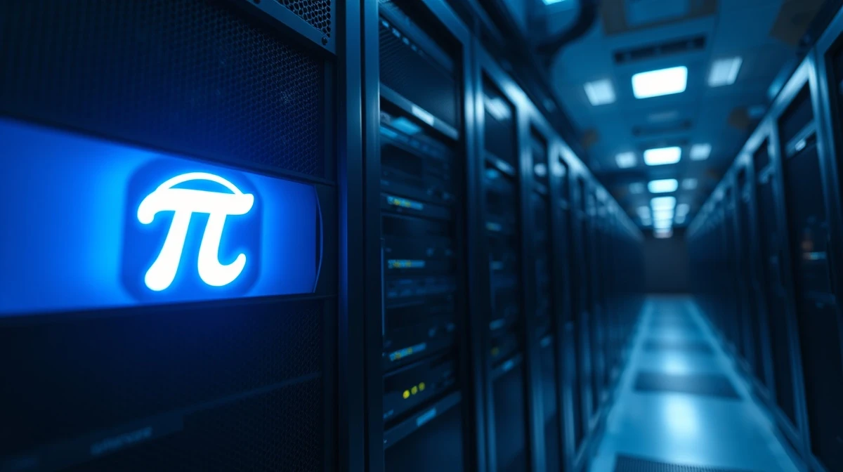 Server rack with glowing Pi Network symbol in a data center