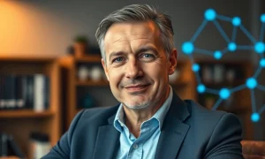 Nicolas Kokkalis, Pi Network co-founder, in a professional office setting with a digital network background