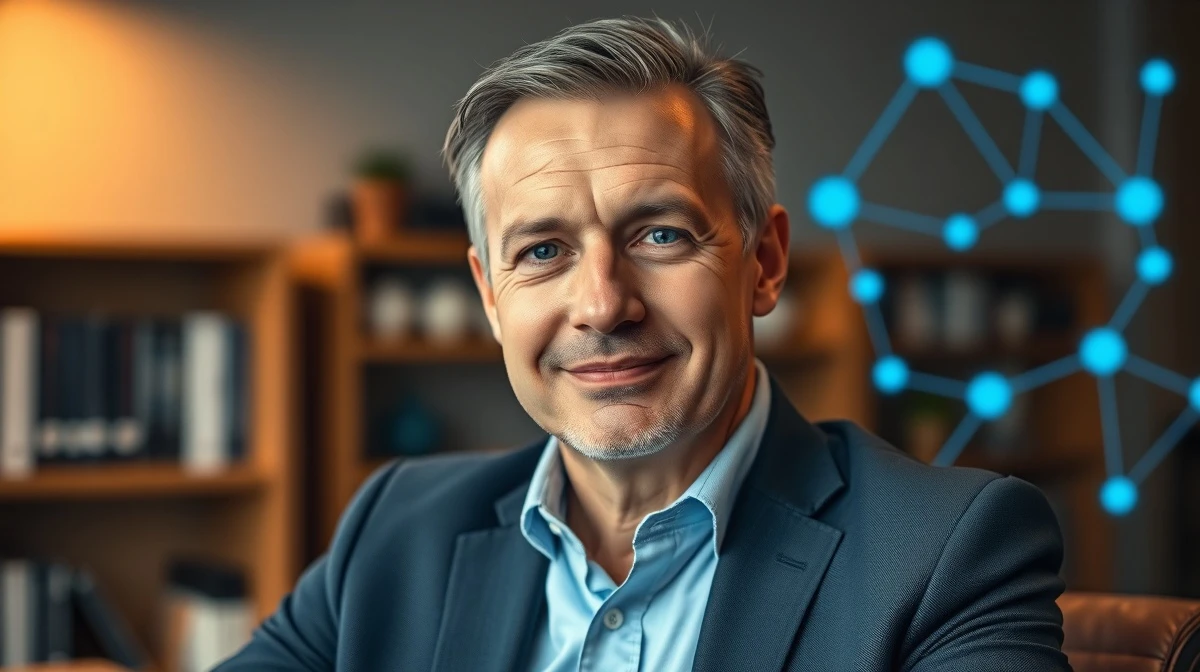 Nicolas Kokkalis, Pi Network co-founder, in a professional office setting with a digital network background