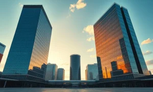 Two modern financial towers representing Pimco and Apollo stand opposite each other at golden hour in a city plaza.