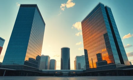 Two modern financial towers representing Pimco and Apollo stand opposite each other at golden hour in a city plaza.