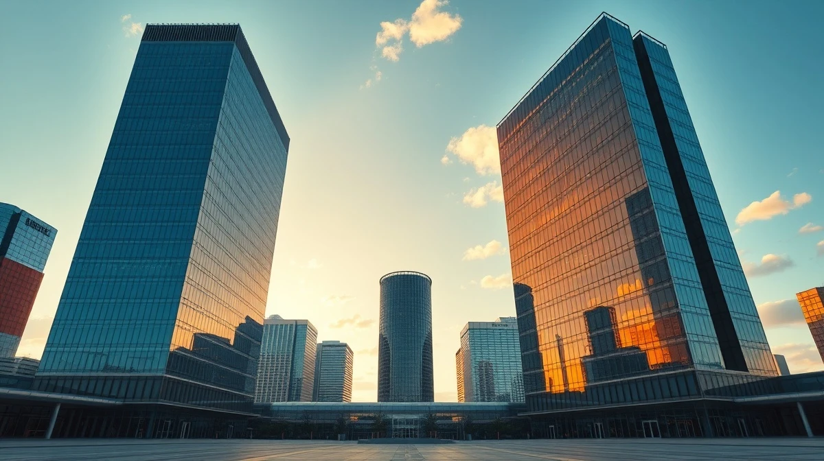 Two modern financial towers representing Pimco and Apollo stand opposite each other at golden hour in a city plaza.