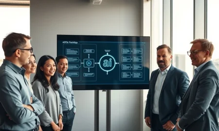 Team of engineers and executives gathered around a large interactive touchscreen in a modern Stockholm office, discussing AI workflow automation.