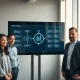 Team of engineers and executives gathered around a large interactive touchscreen in a modern Stockholm office, discussing AI workflow automation.