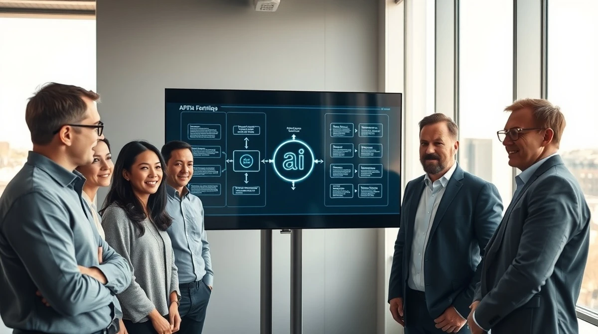 Team of engineers and executives gathered around a large interactive touchscreen in a modern Stockholm office, discussing AI workflow automation.