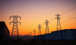 Data center complex in Northern Virginia with electrical transmission towers at sunset, illustrating grid strain from AI demand.