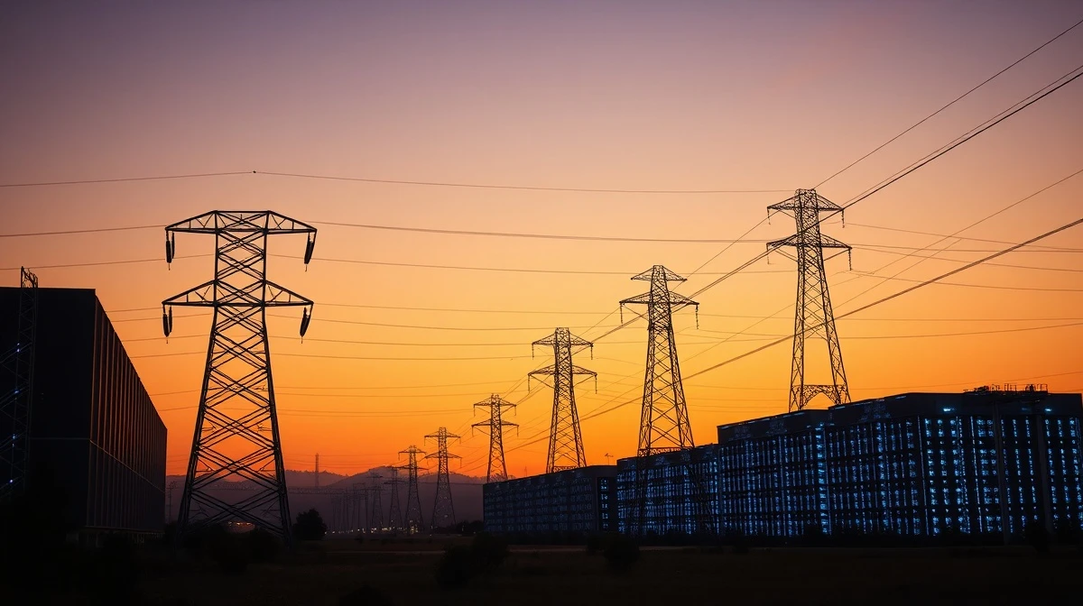 Data center complex in Northern Virginia with electrical transmission towers at sunset, illustrating grid strain from AI demand.
