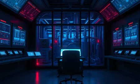 Empty control room of a water treatment facility with alert screens indicating a cyber intrusion