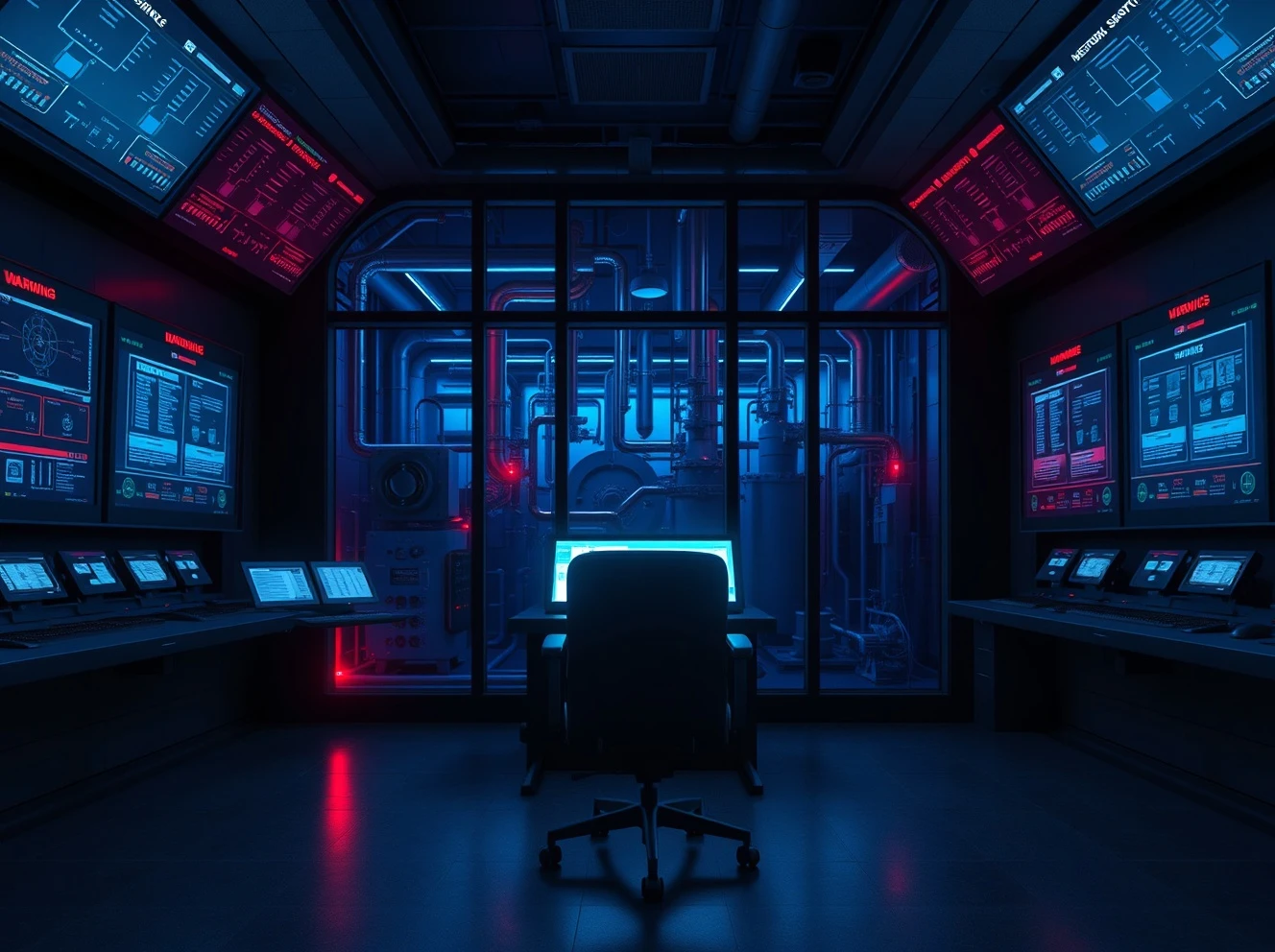 Empty control room of a water treatment facility with alert screens indicating a cyber intrusion
