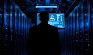 Silhouette of a person facing away from camera in a server room, with a glowing monitor showing anonymous user data.