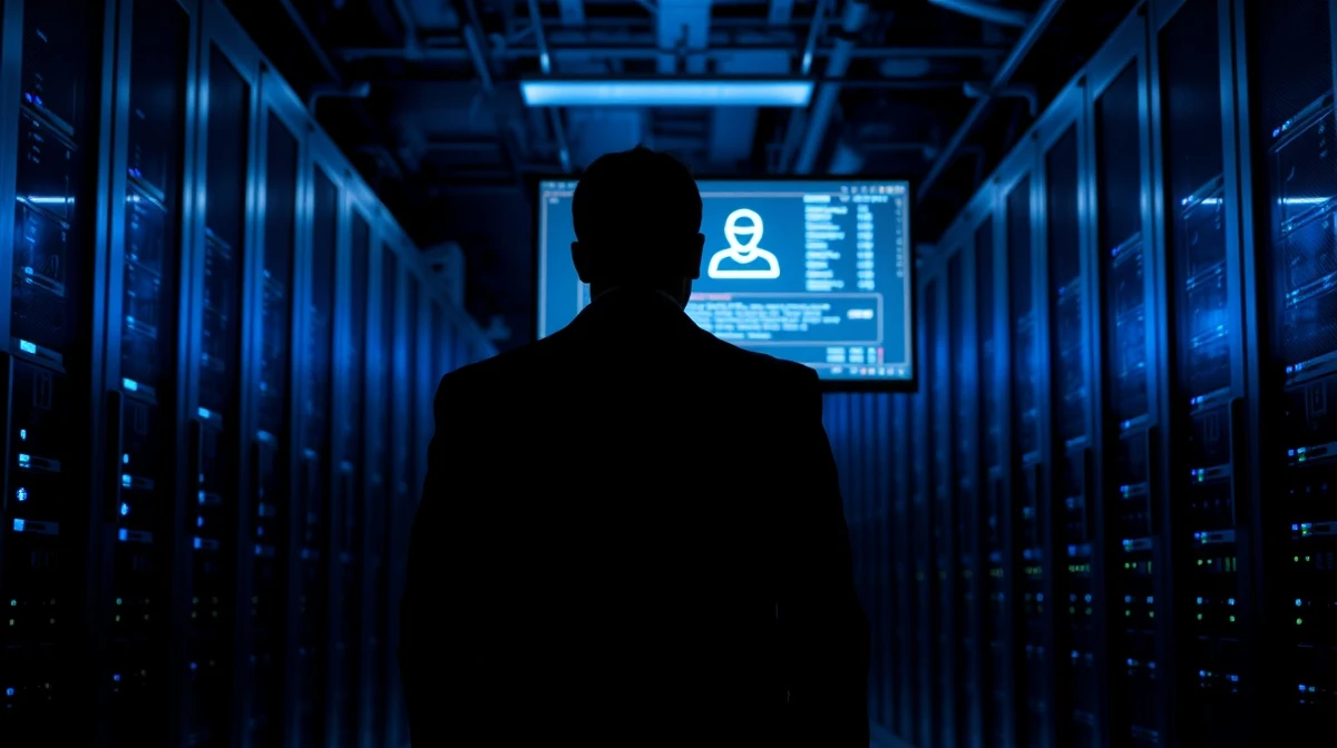 Silhouette of a person facing away from camera in a server room, with a glowing monitor showing anonymous user data.