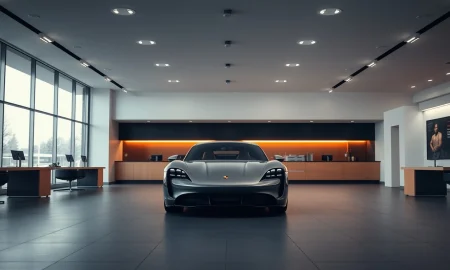 Porsche Taycan in a dimly lit showroom, representing the company's strategic retreat from EV subsidiaries.