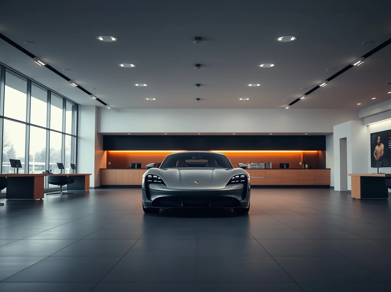 Porsche Taycan in a dimly lit showroom, representing the company's strategic retreat from EV subsidiaries.