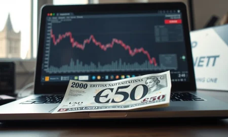 British Pound Sterling banknote on desk with laptop showing declining GBP/USD chart and London skyline in background