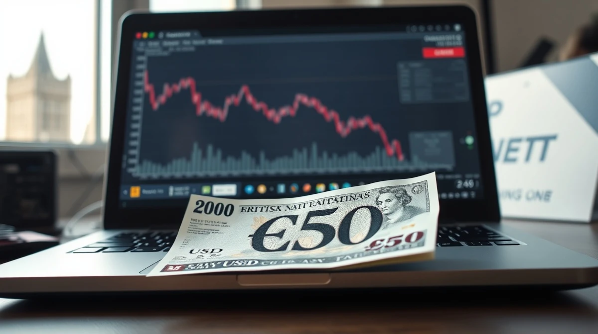 British Pound Sterling banknote on desk with laptop showing declining GBP/USD chart and London skyline in background