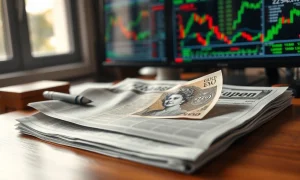 Pound Sterling banknote on financial newspaper with market charts in background