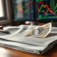 Pound Sterling banknote on financial newspaper with market charts in background