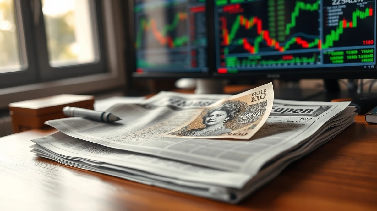 Pound Sterling banknote on financial newspaper with market charts in background