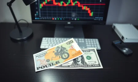 British Pound and US Dollar banknotes on a desk with a trading chart in the background.