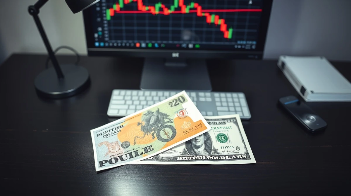 British Pound and US Dollar banknotes on a desk with a trading chart in the background.