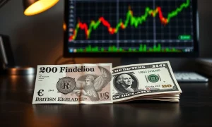 British Pound and US Dollar banknotes on desk with financial chart on monitor in background