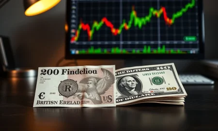 British Pound and US Dollar banknotes on desk with financial chart on monitor in background