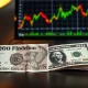 British Pound and US Dollar banknotes on desk with financial chart on monitor in background