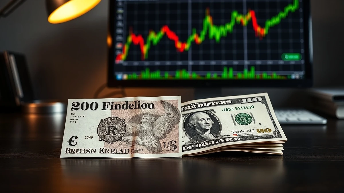 British Pound and US Dollar banknotes on desk with financial chart on monitor in background