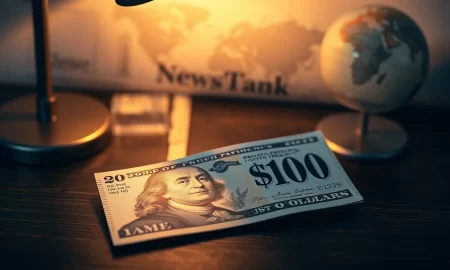 British Pound and US Dollar banknotes on a desk with a globe and newspaper in the background