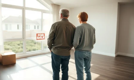 Couple standing in empty living room looking at For Sale sign through window, contemplating selling price