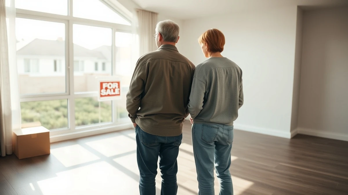 Couple standing in empty living room looking at For Sale sign through window, contemplating selling price
