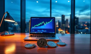 Laptop showing crypto charts with privacy and AI coins on a desk in a modern office at dusk