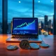 Laptop showing crypto charts with privacy and AI coins on a desk in a modern office at dusk