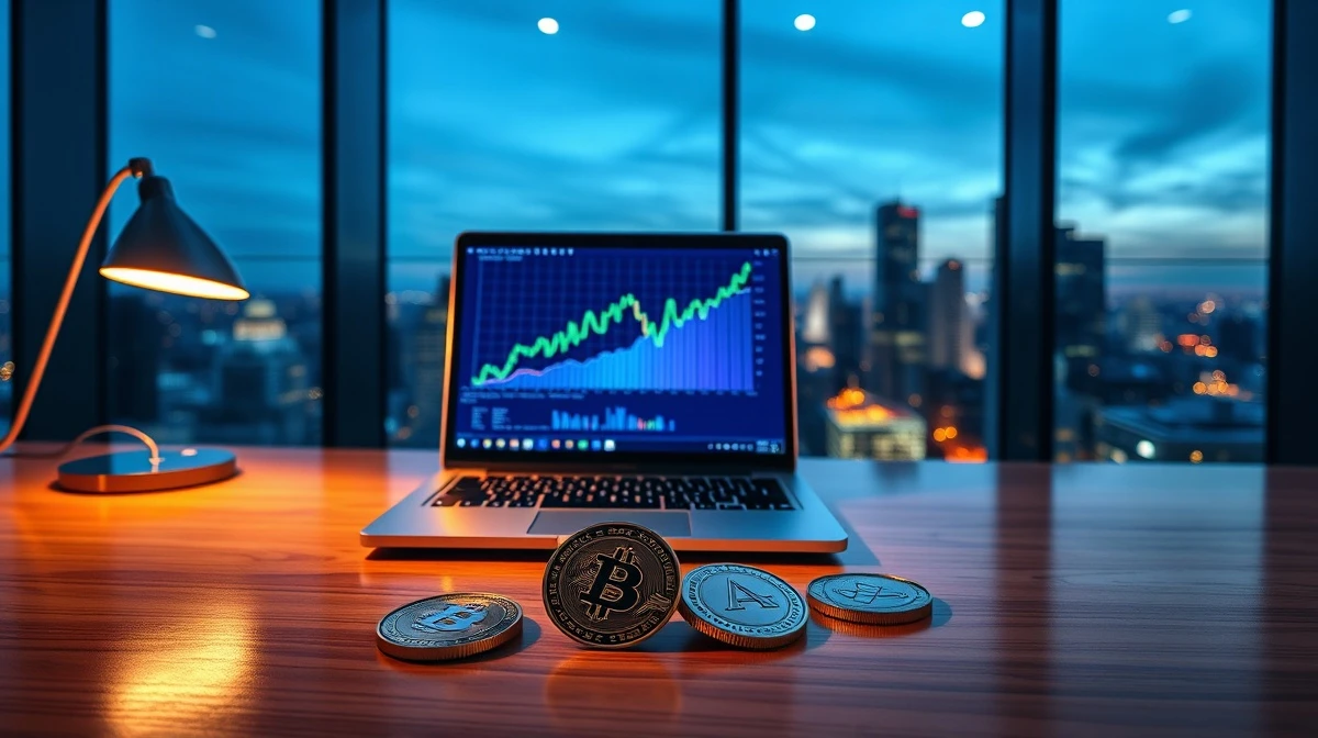 Laptop showing crypto charts with privacy and AI coins on a desk in a modern office at dusk