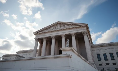Exterior view of the United States Supreme Court building on a partly cloudy day