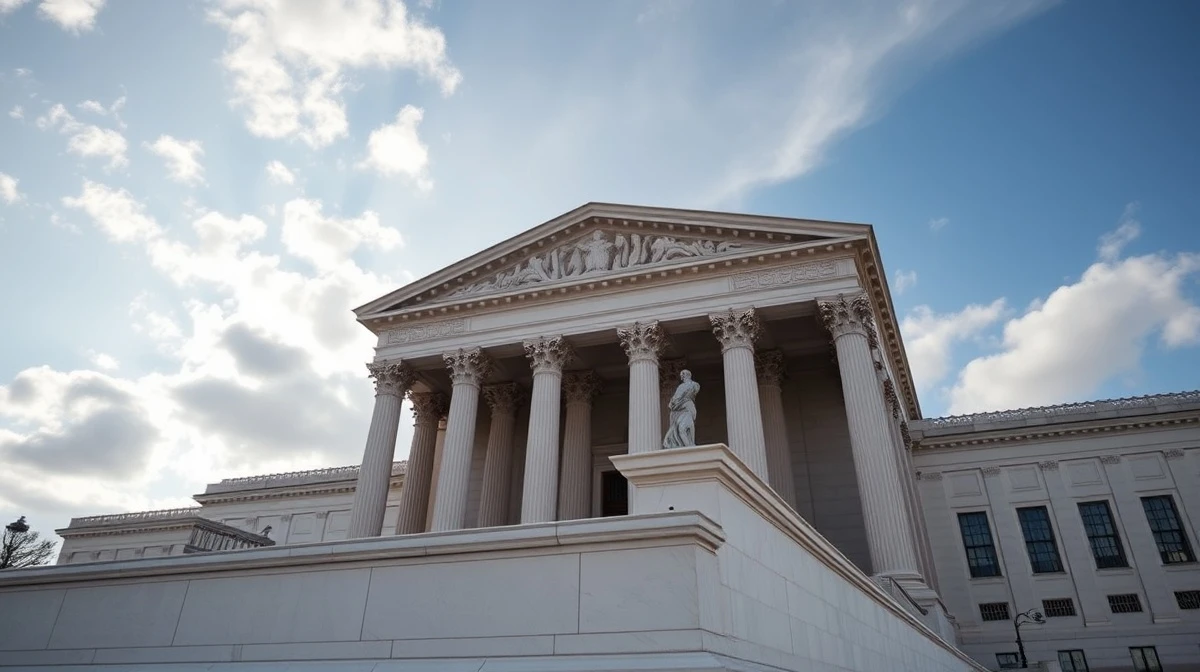 Exterior view of the United States Supreme Court building on a partly cloudy day
