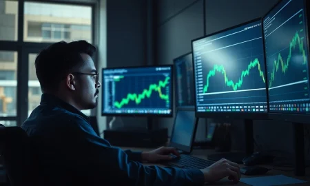 Professional trader analyzing Bitcoin price charts with green indicators on multiple monitors