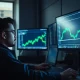 Professional trader analyzing Bitcoin price charts with green indicators on multiple monitors