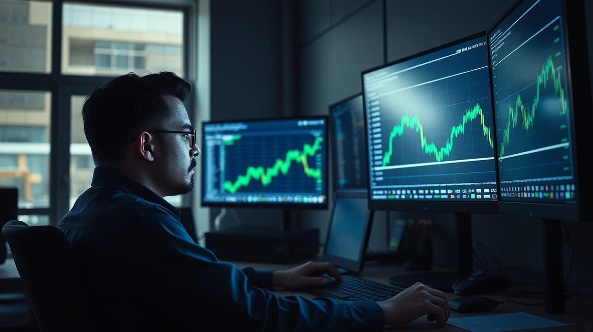 Professional trader analyzing Bitcoin price charts with green indicators on multiple monitors