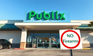 Exterior of a Publix grocery store in Florida with a no firearms sign visible on the entrance door.