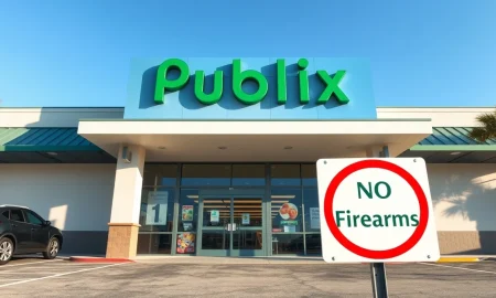 Exterior of a Publix grocery store in Florida with a no firearms sign visible on the entrance door.