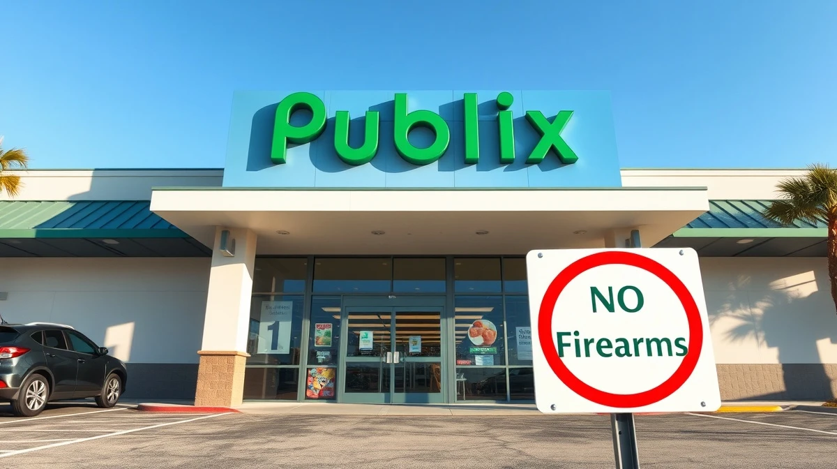 Exterior of a Publix grocery store in Florida with a no firearms sign visible on the entrance door.