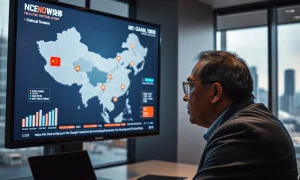 Financial analyst studying a digital screen showing China economic data and geopolitical tension markers