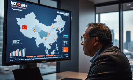 Financial analyst studying a digital screen showing China economic data and geopolitical tension markers