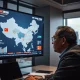 Financial analyst studying a digital screen showing China economic data and geopolitical tension markers